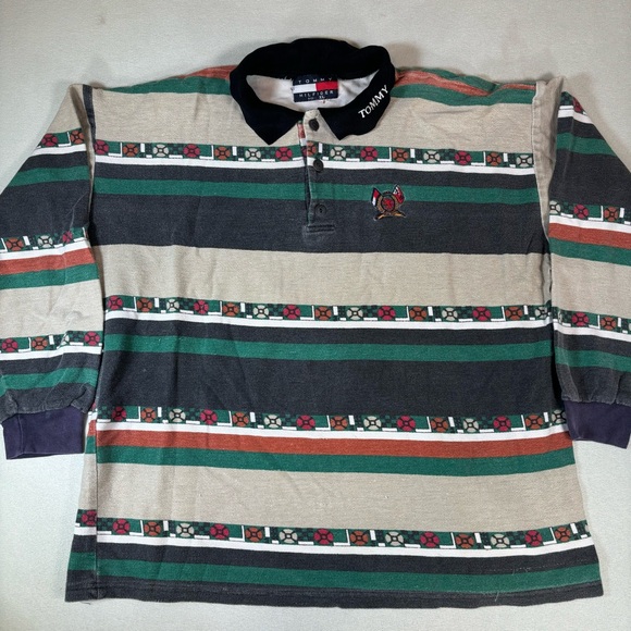 Vintage Tommy Hilfiger Long Sleeve Polo Shirt Size XL AOP - Picture 1 of 10